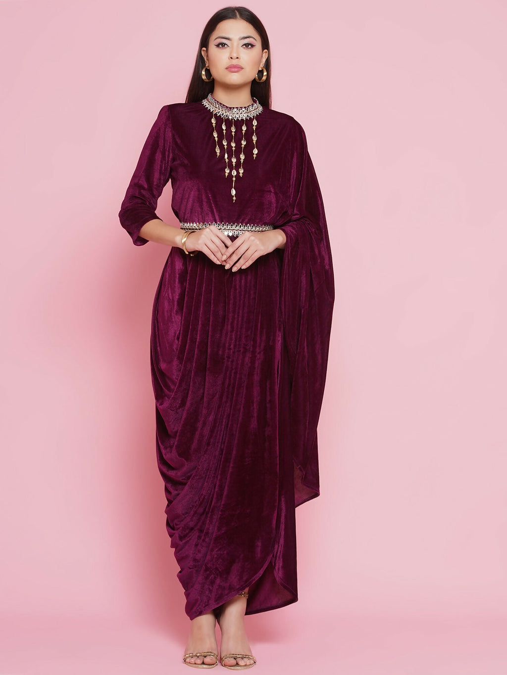 Joban Fashion Wine Drape Kurta and Pant