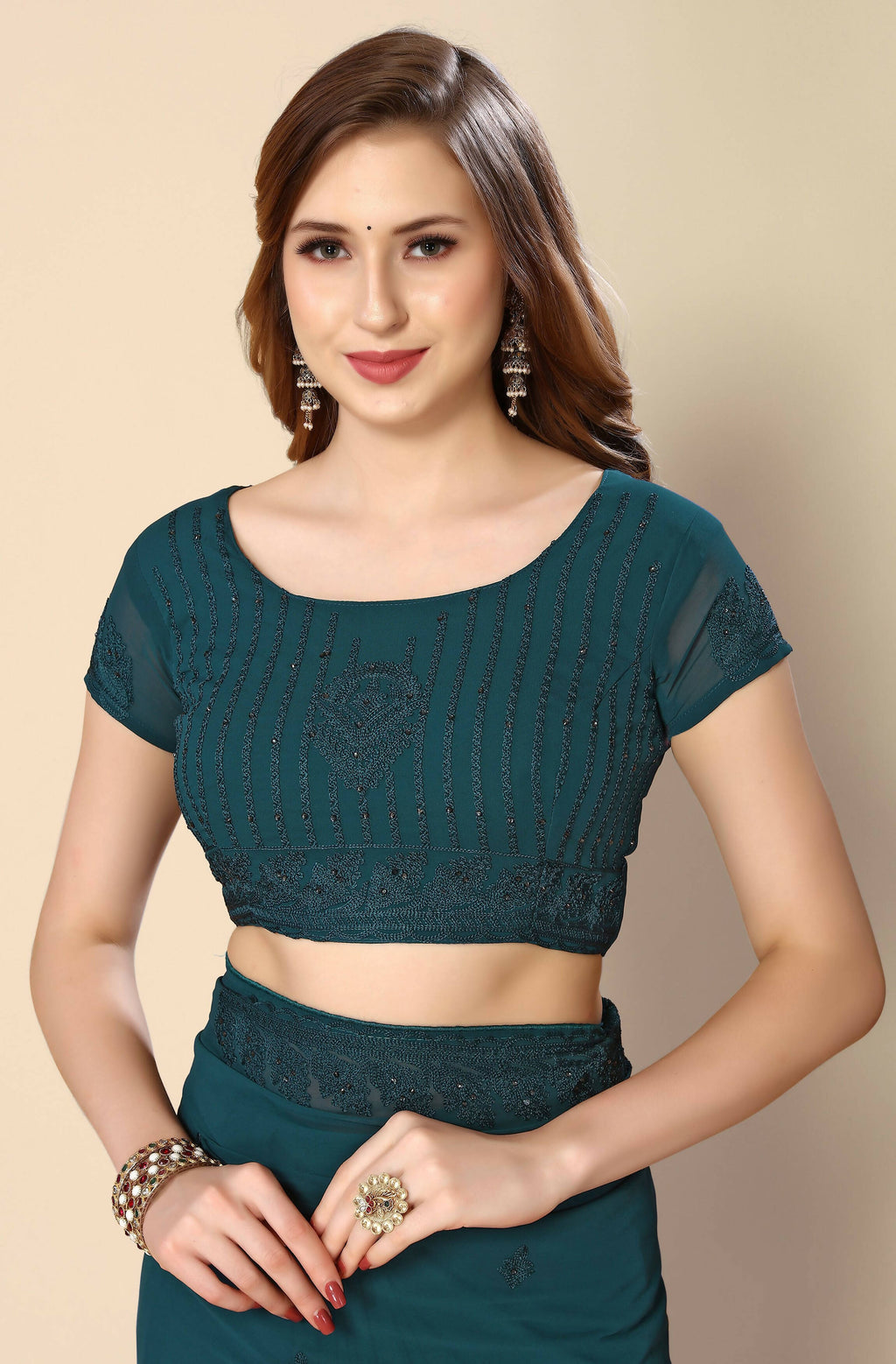 Teal Georgette Embroidered and Stone Work Saree with Unstitched Blouse Piece - Roozal