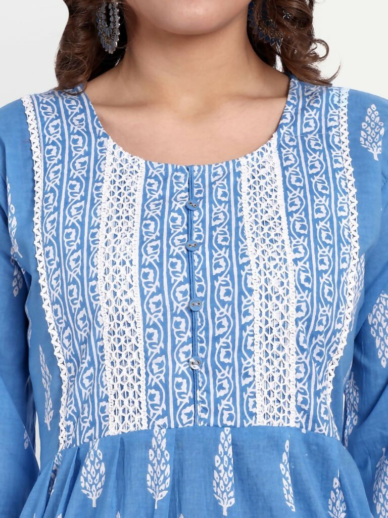 Alvano Printed Naira Cut Kurti with Pant set for Women and Girls Cotton (Blue)