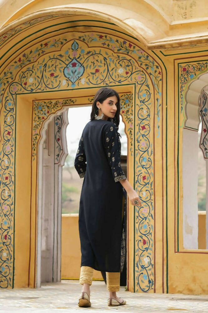Juniper Black Rayon Festive Printed Straight Kurta For Women