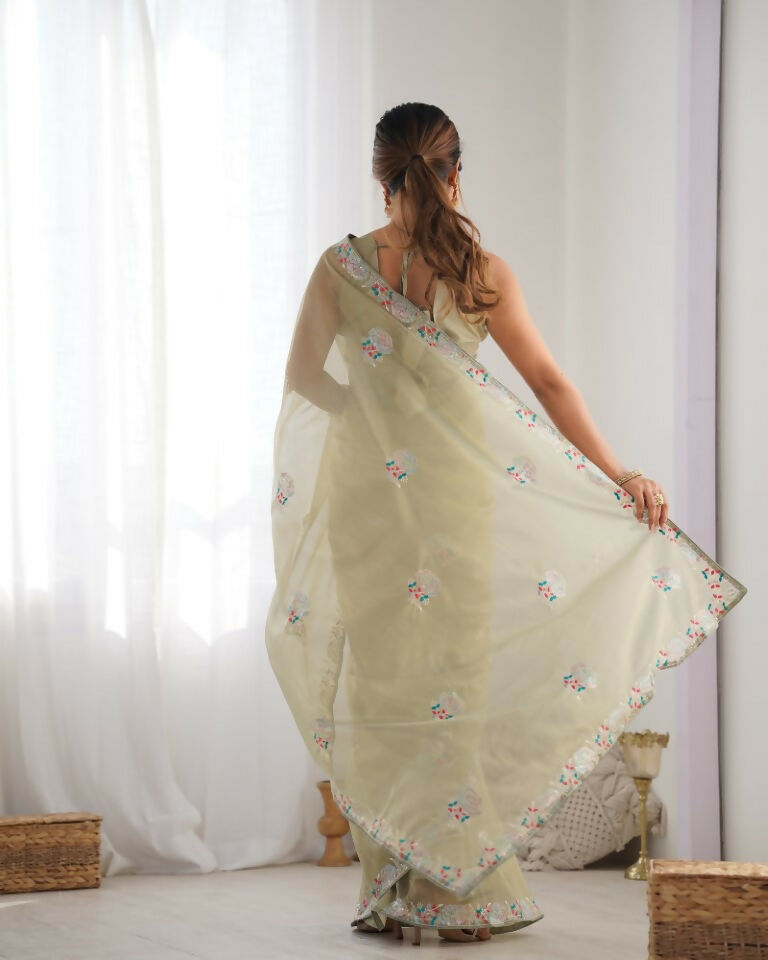 Pista Gold Twill Net Multy Thread, Sequance Embroidery Work Saree - Kriti