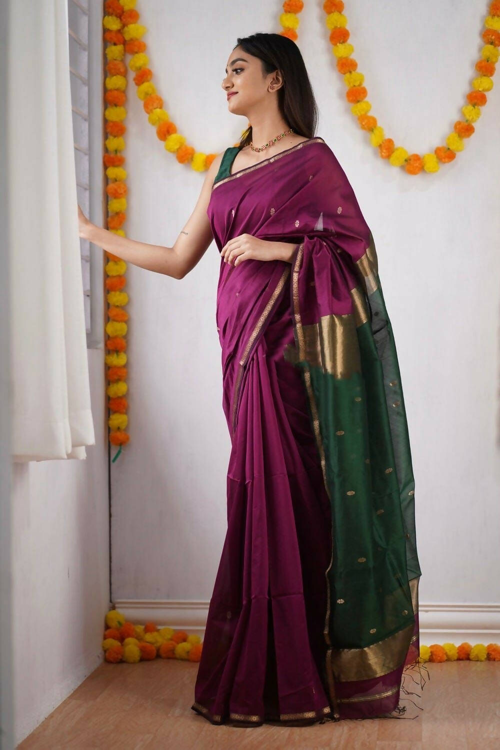 DEIANA'S Beautiful Designer Golden zari Soft Cotton Saree - Wine