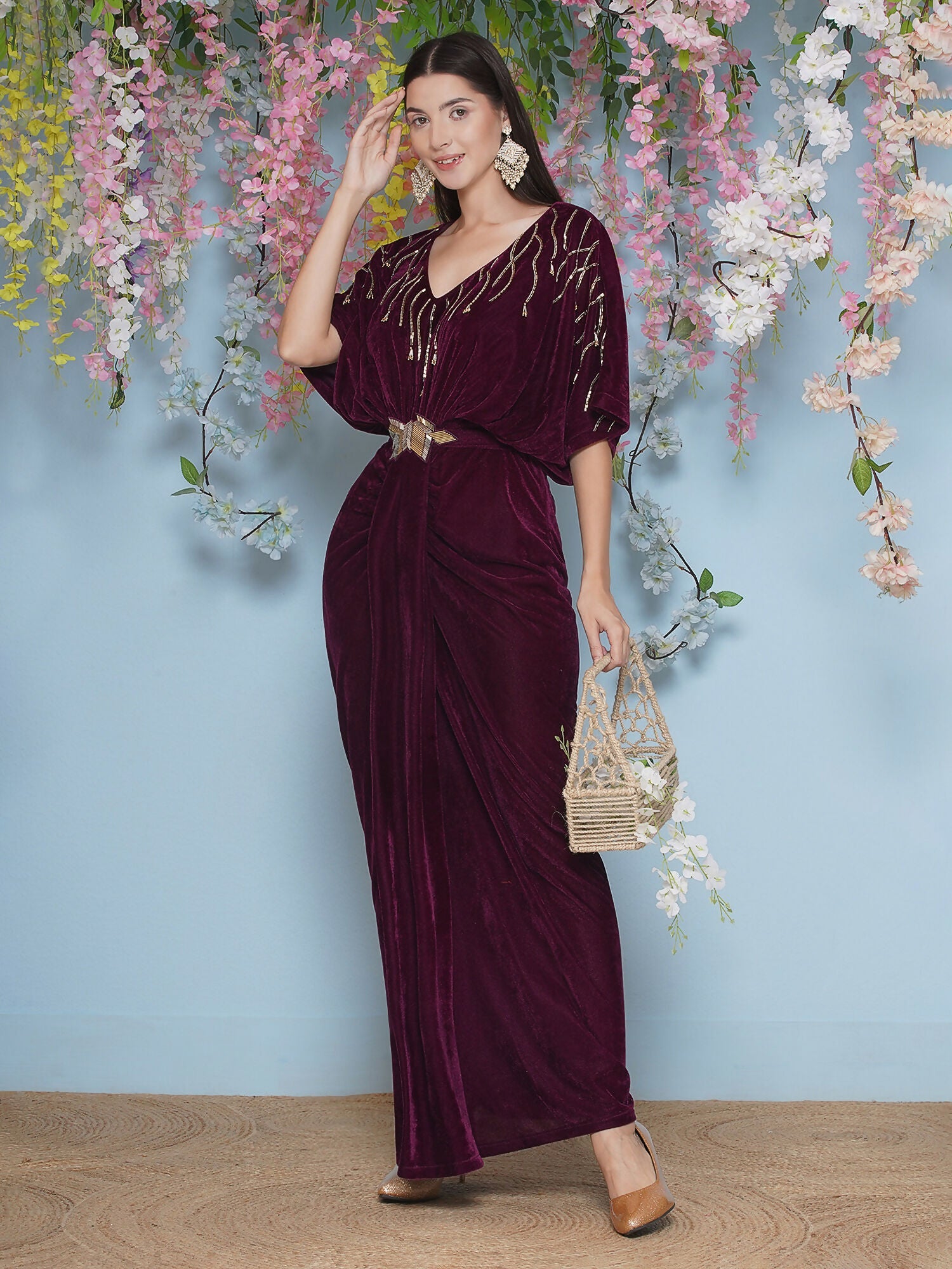 Joban Fashion Wine Hand Embellished Velvet Gown With Belt