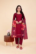 Women's Solid Maroon Kurta Set with Dupatta Set - A2M