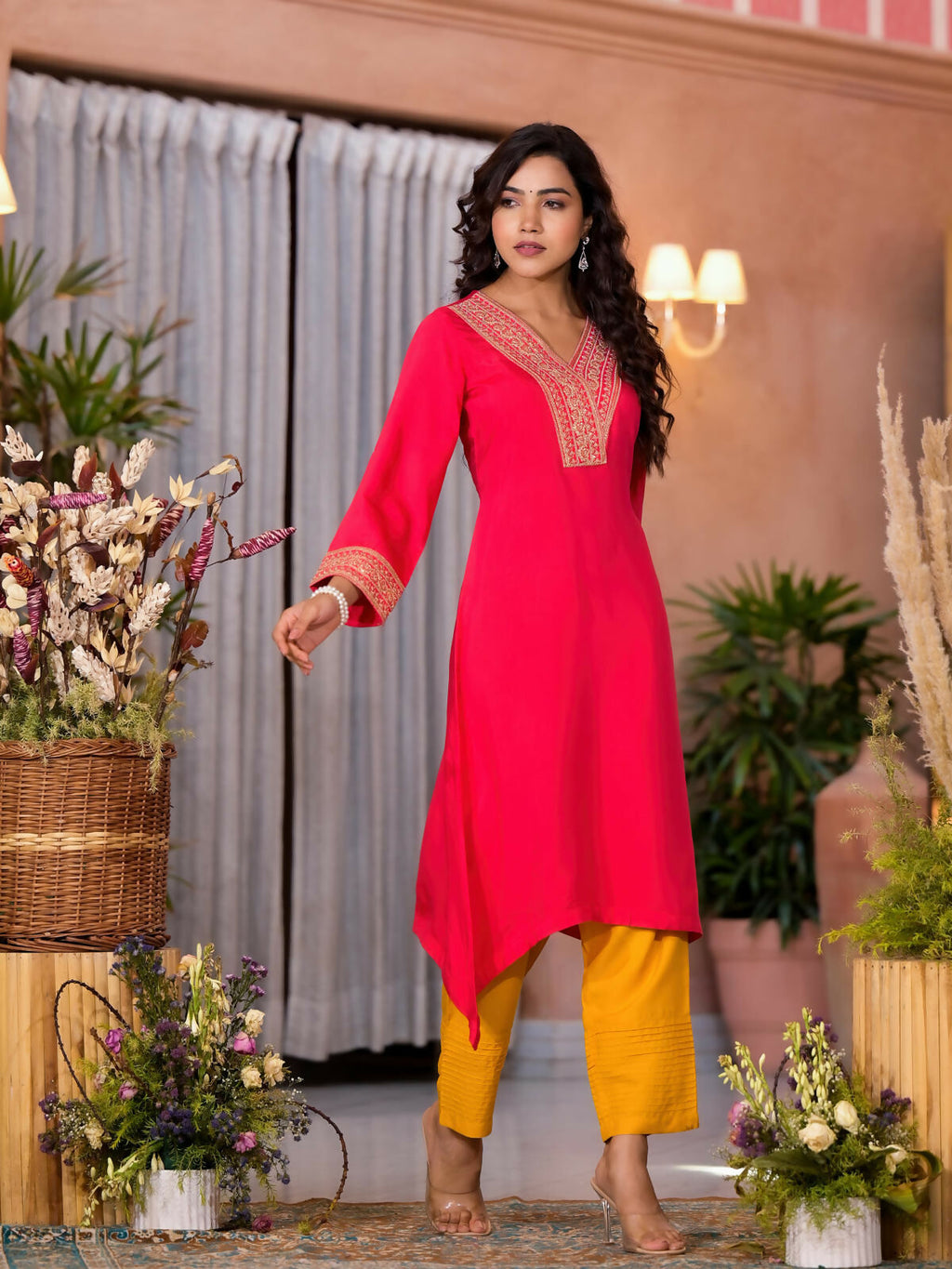Juniper Women's Fuchsia Zari Embroidered Viscose Kurta & Pant Set With Sequins