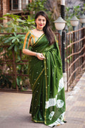 Mehndi Chanderi Cotton Block Print Saree with Unstitched Blouse - Hiral Fashion