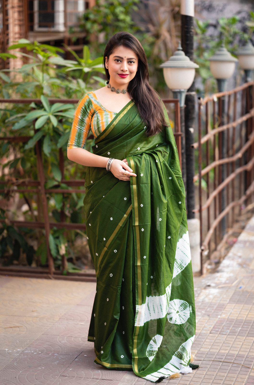 Mehndi Chanderi Cotton Block Print Saree with Unstitched Blouse - Hiral Fashion