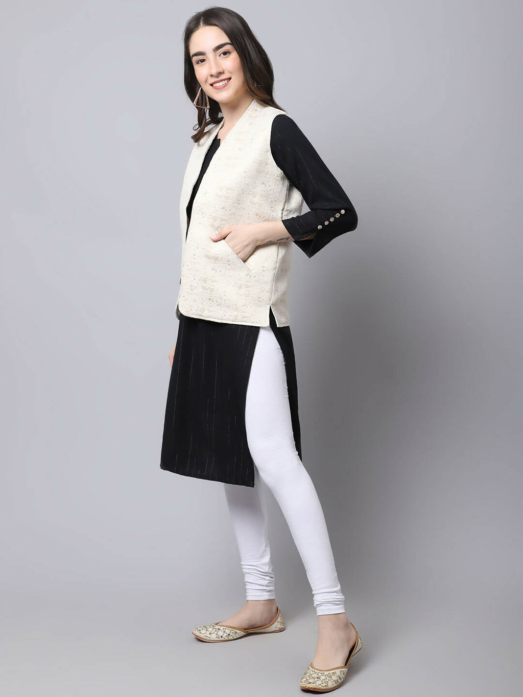 Even Apparels Cream 100% Viscose Rayon Open Front Gillet