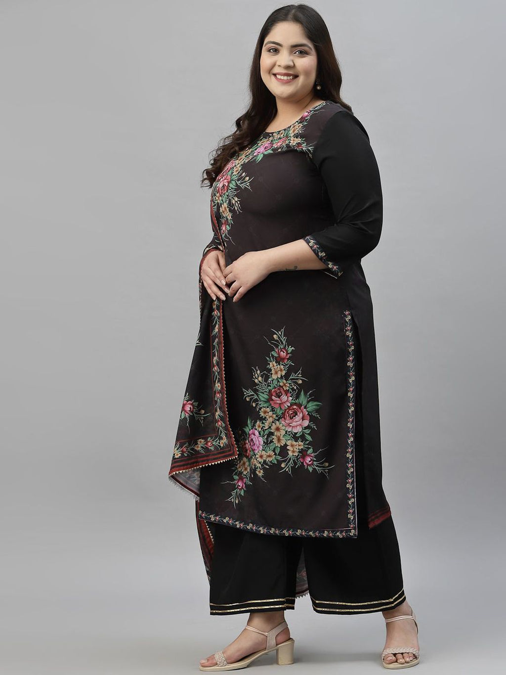 Sztori Plus Size Floral Printed Regular Straight Kurta with Palazzos & With Dupatta