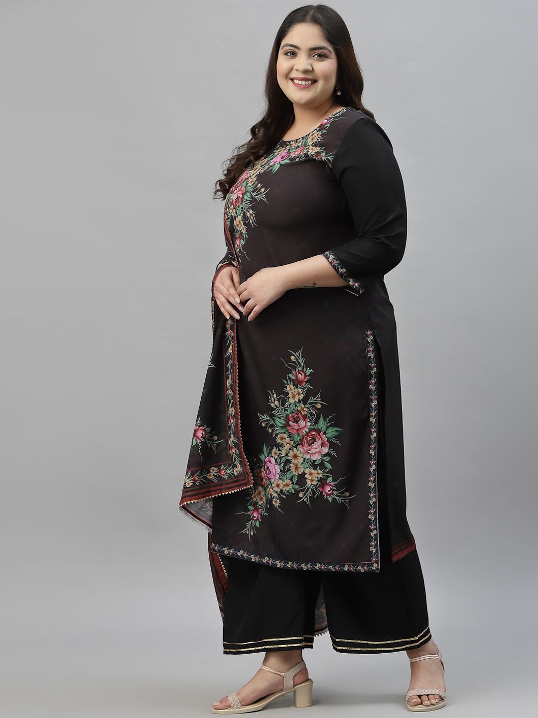 Sztori Plus Size Floral Printed Regular Straight Kurta with Palazzos & With Dupatta
