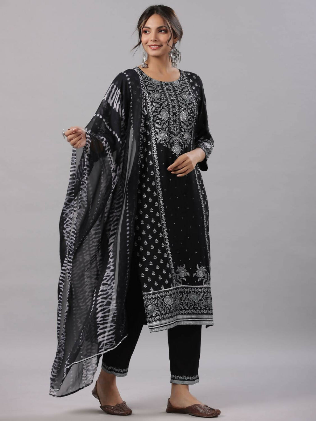 Juniper Women Black Rayon Staple Kalamkari Printed Kurta, Pants and Dupatta Set