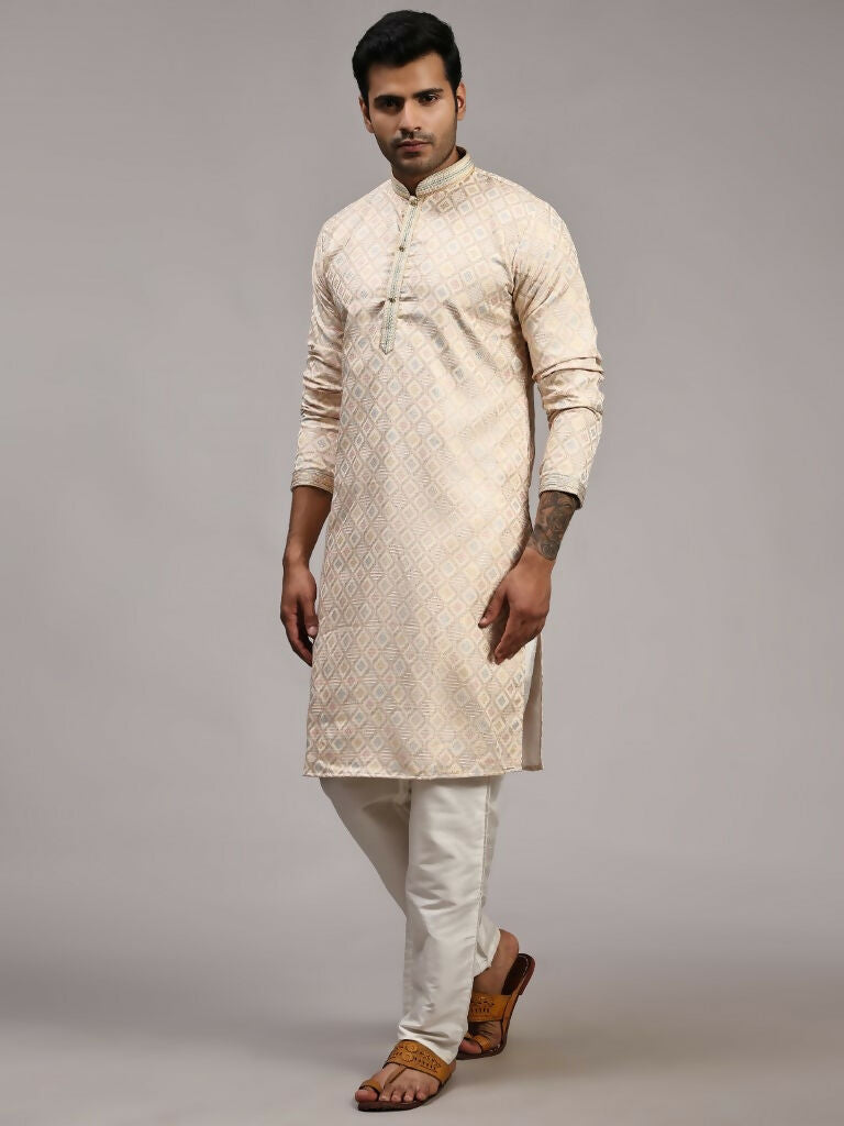 Cream Viscose Jacquard Woven Jacquard Designer Men's Rajwadi Kurta Set - Mahotsav