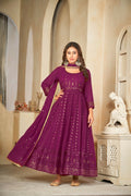 Jyoti Fashion Women's Wine Georgette Embroidered Anarkali Kurta Pant Set With Dupatta
