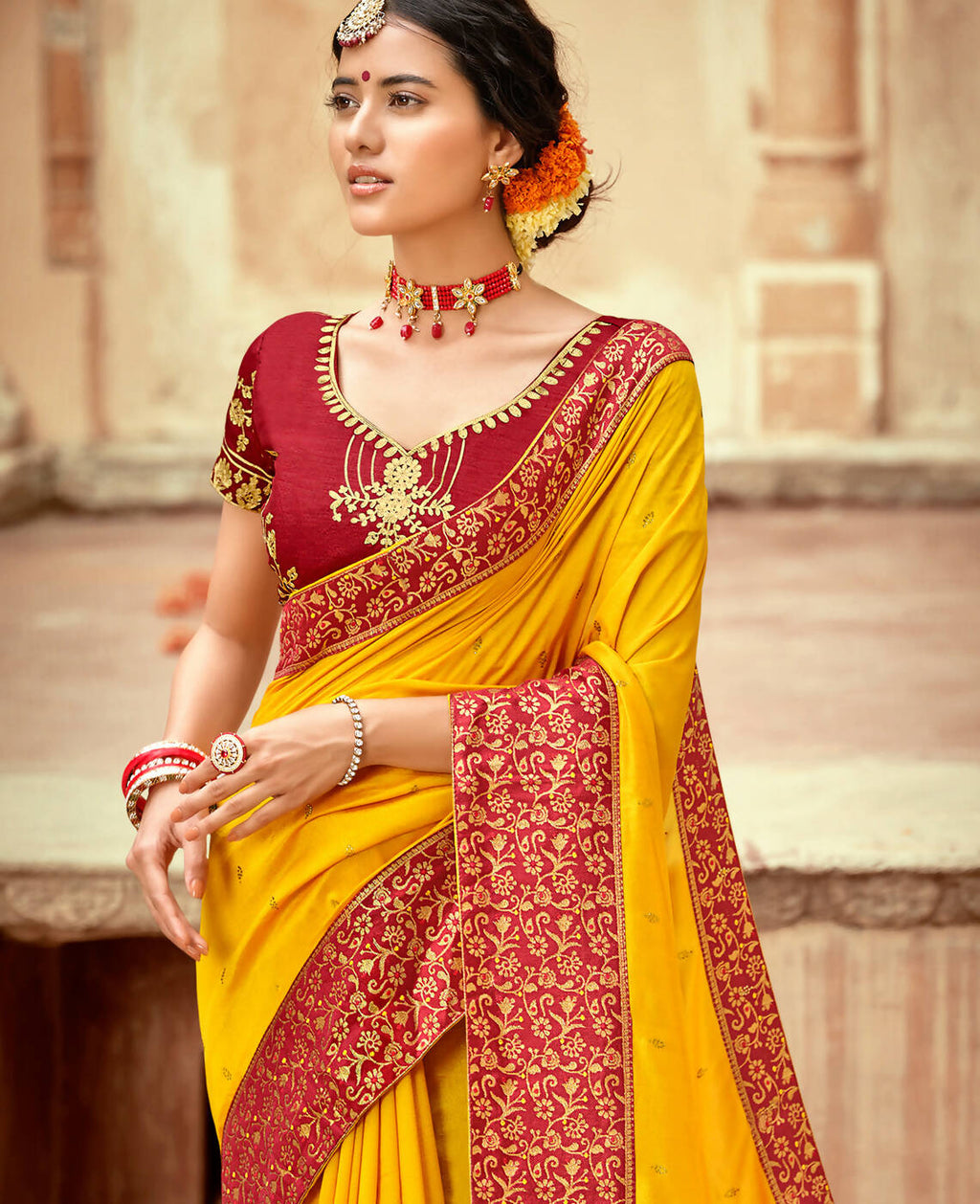 Mustard Vichitra Stone Work Saree With Unstitched Blouse Piece - Rosy