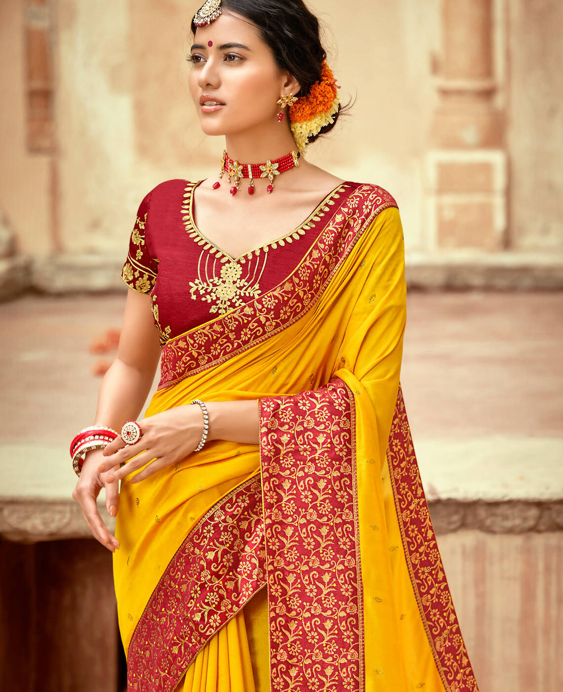 Mustard Vichitra Stone Work Saree With Unstitched Blouse Piece - Rosy