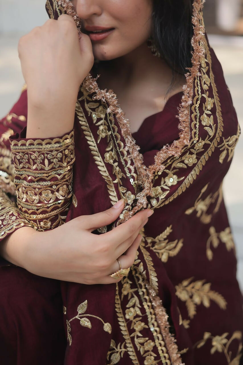Vastranavya Premium Vichitra Shimmer with Rich Sequins Embroidered work Gown & Dupatta - Dark Maroon