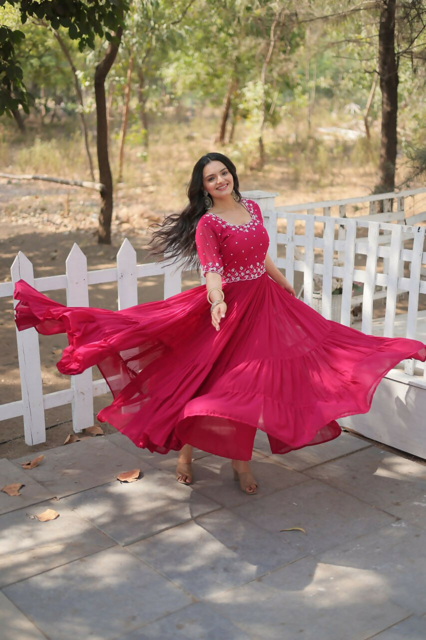 Vastranavya Faux Blooming with Beads embroidery-work Gown - Pink