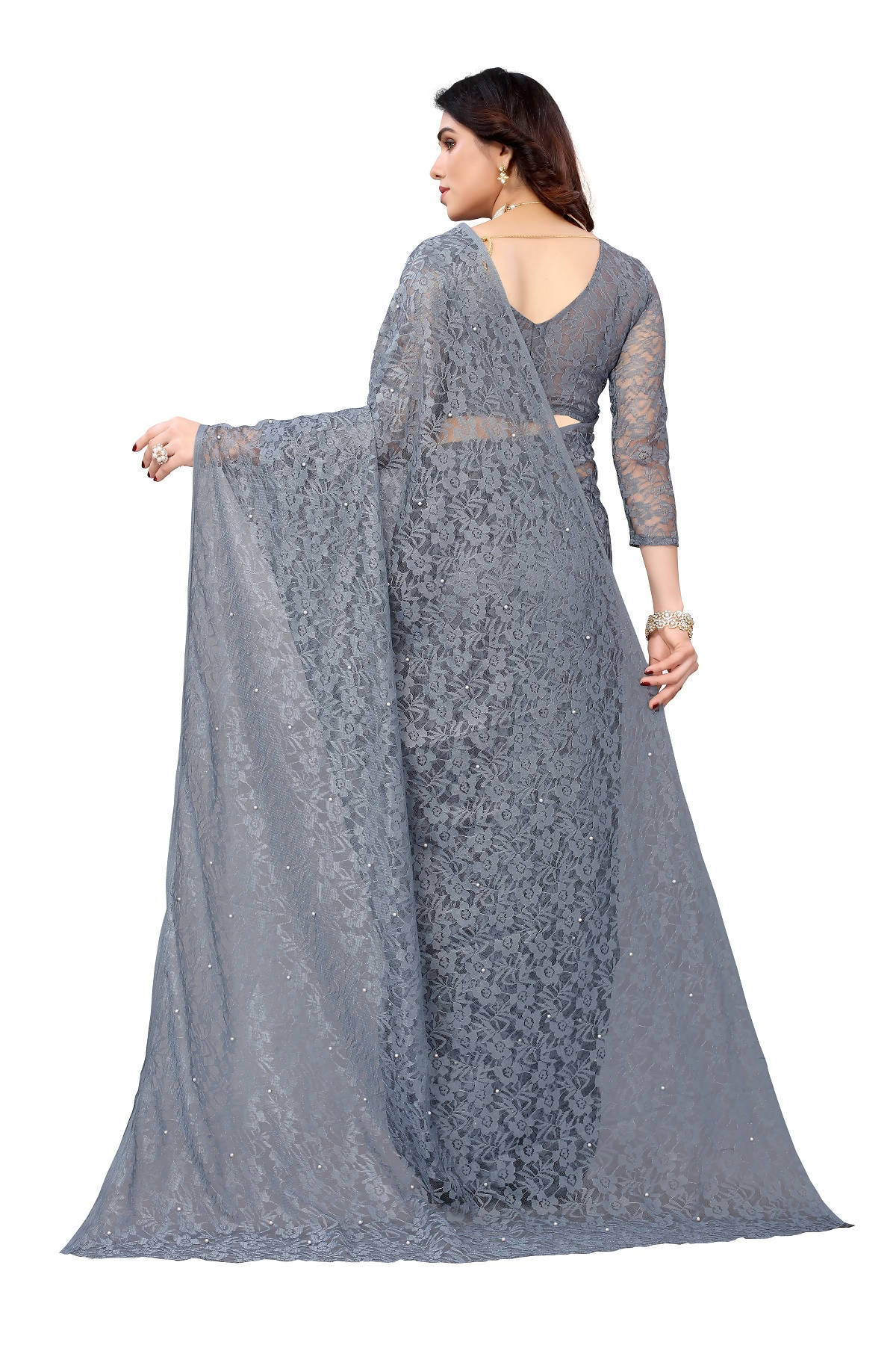 Vamika Ethnic Fire Grey Pearls Net Saree