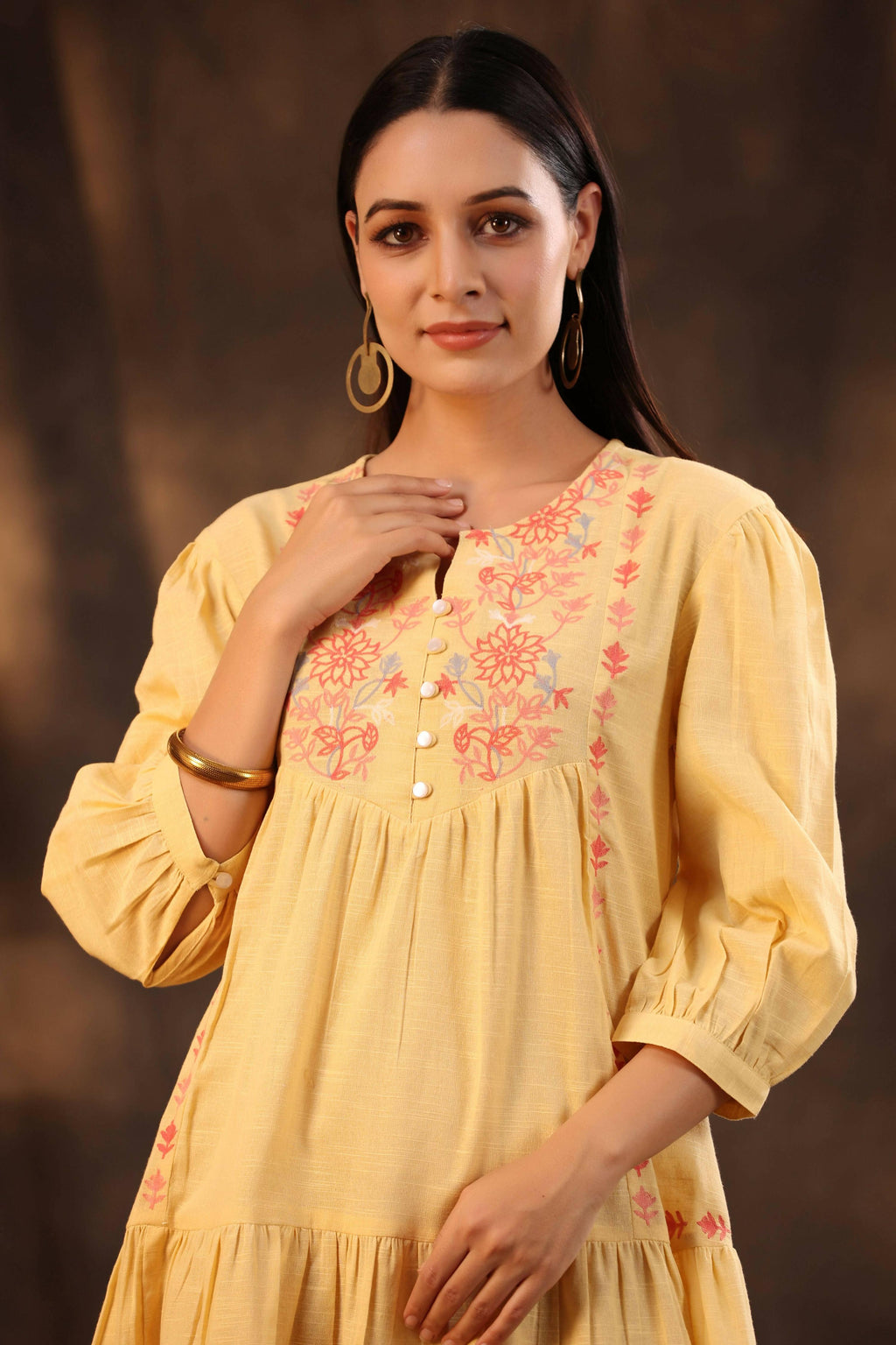 Juniper Women's Yellow Cotton Slub Solid Embroidered Tiered Dress
