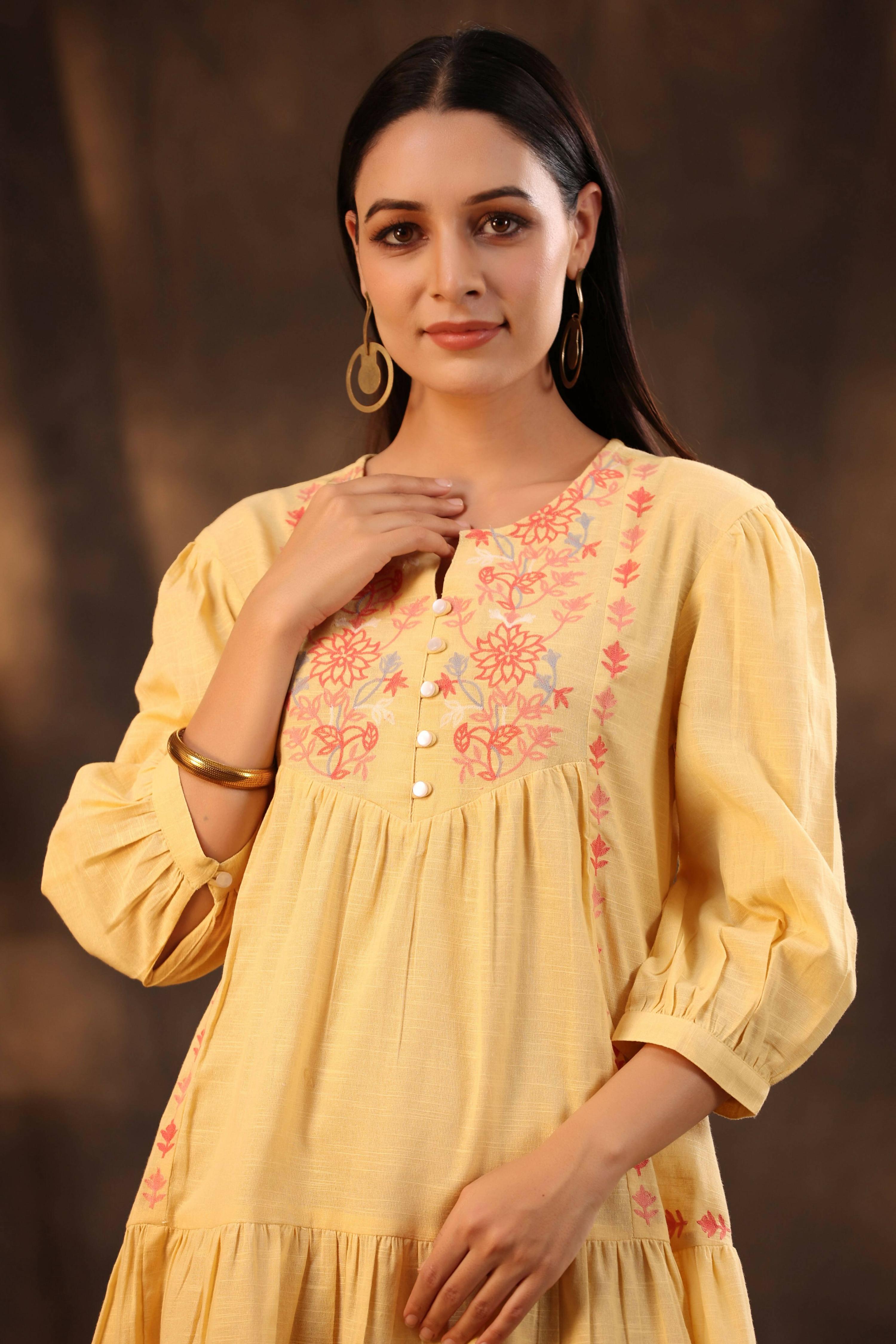 Juniper Women's Yellow Cotton Slub Solid Embroidered Tiered Dress