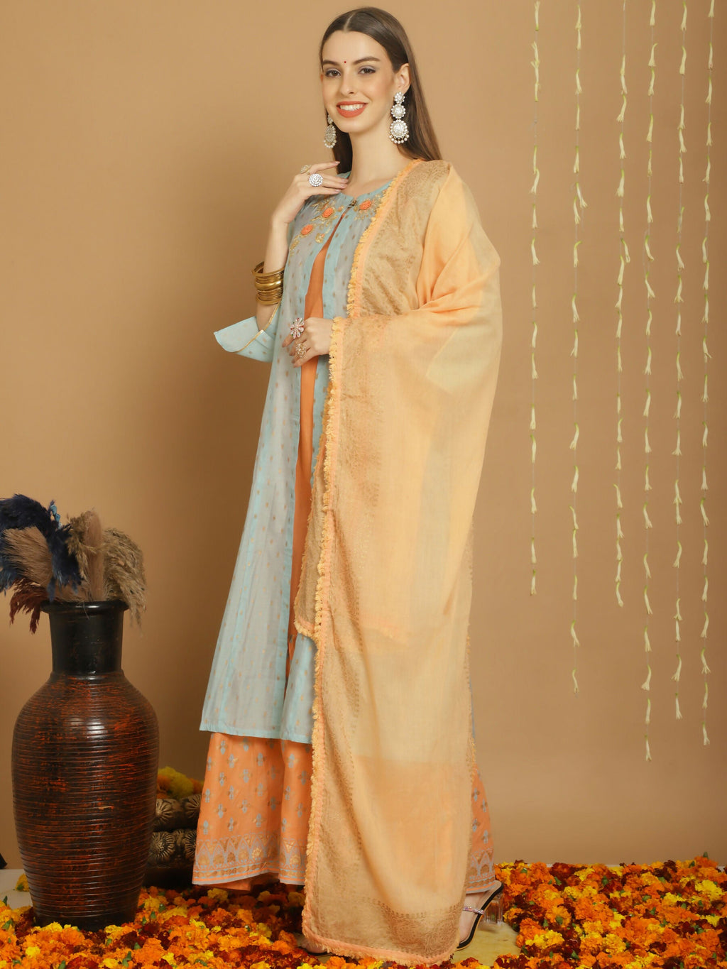 Jyoti Fashion Women's Turquoise Chanderi Silk Elegant Jardoshi Kurta with Trouser & Dupatta