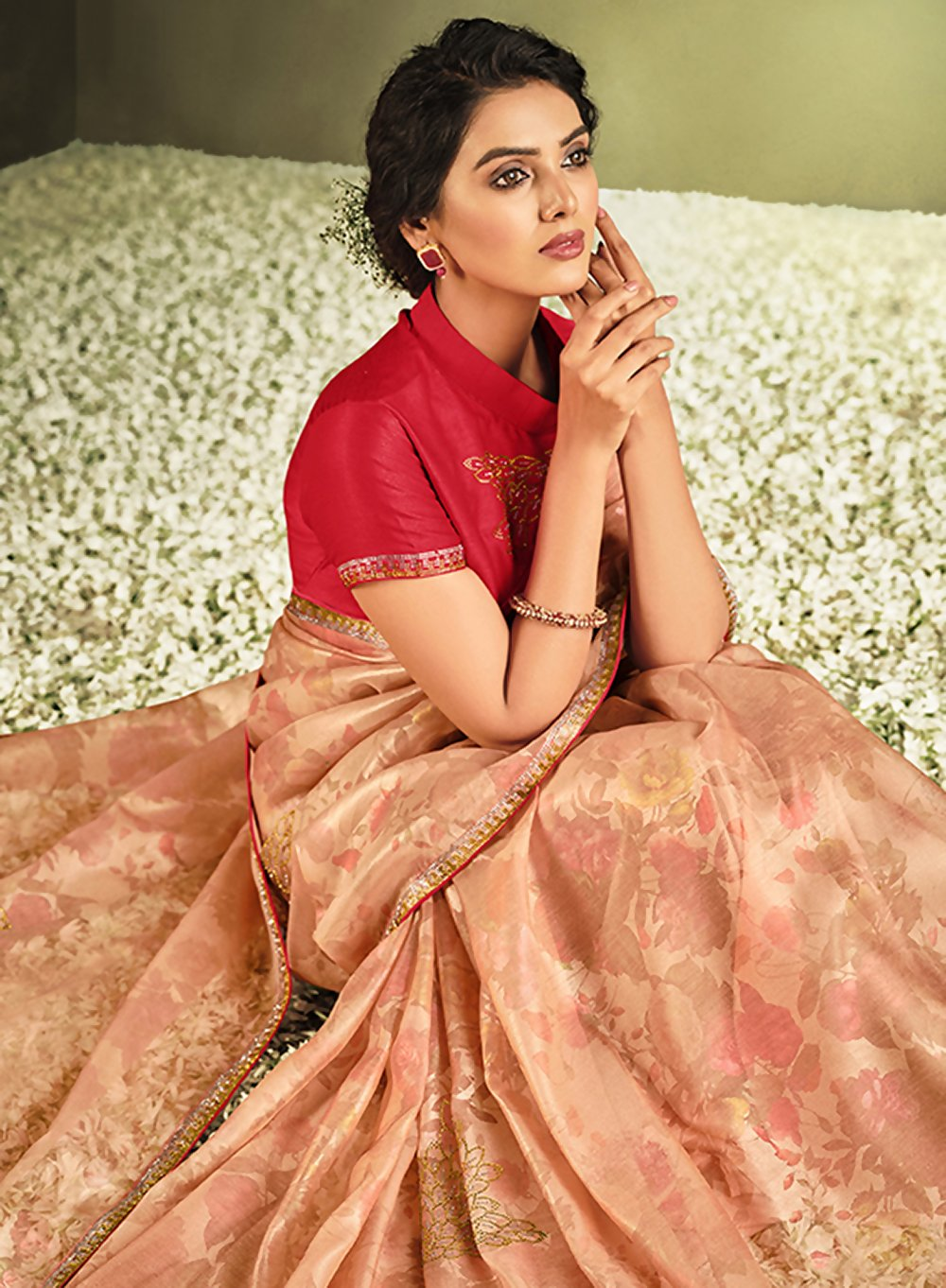 Peach Tissue Digital Printeds Flowers. Stone Embellishments Saree - Norita Hit