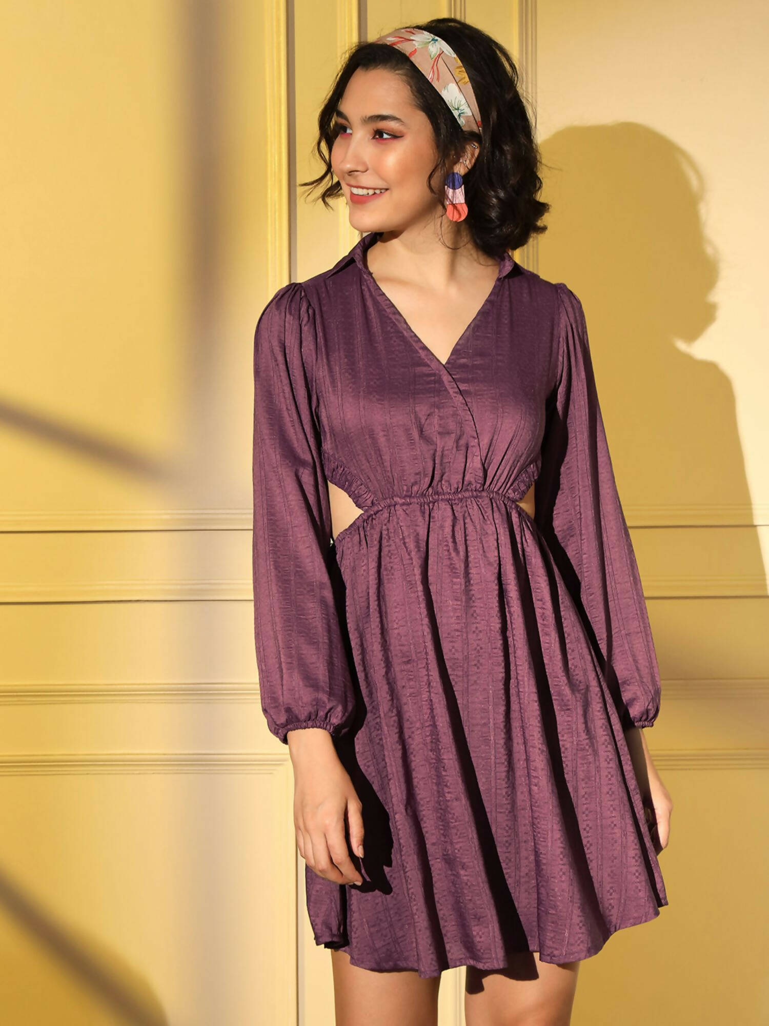 Wine Viscose Solid Flared Dress - Shivani