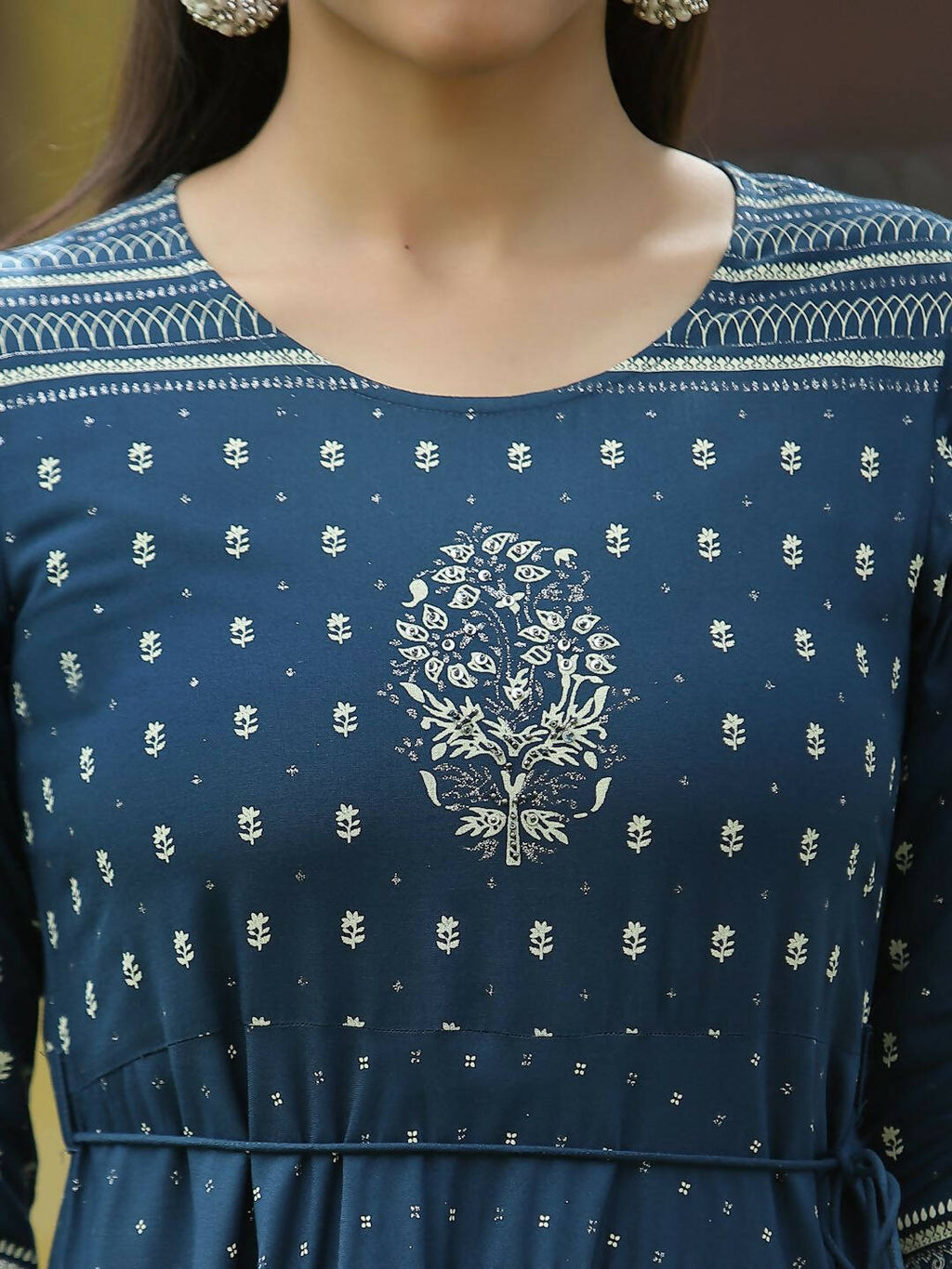 Juniper Blue Rayon Festive Printed Flared Dress For Women