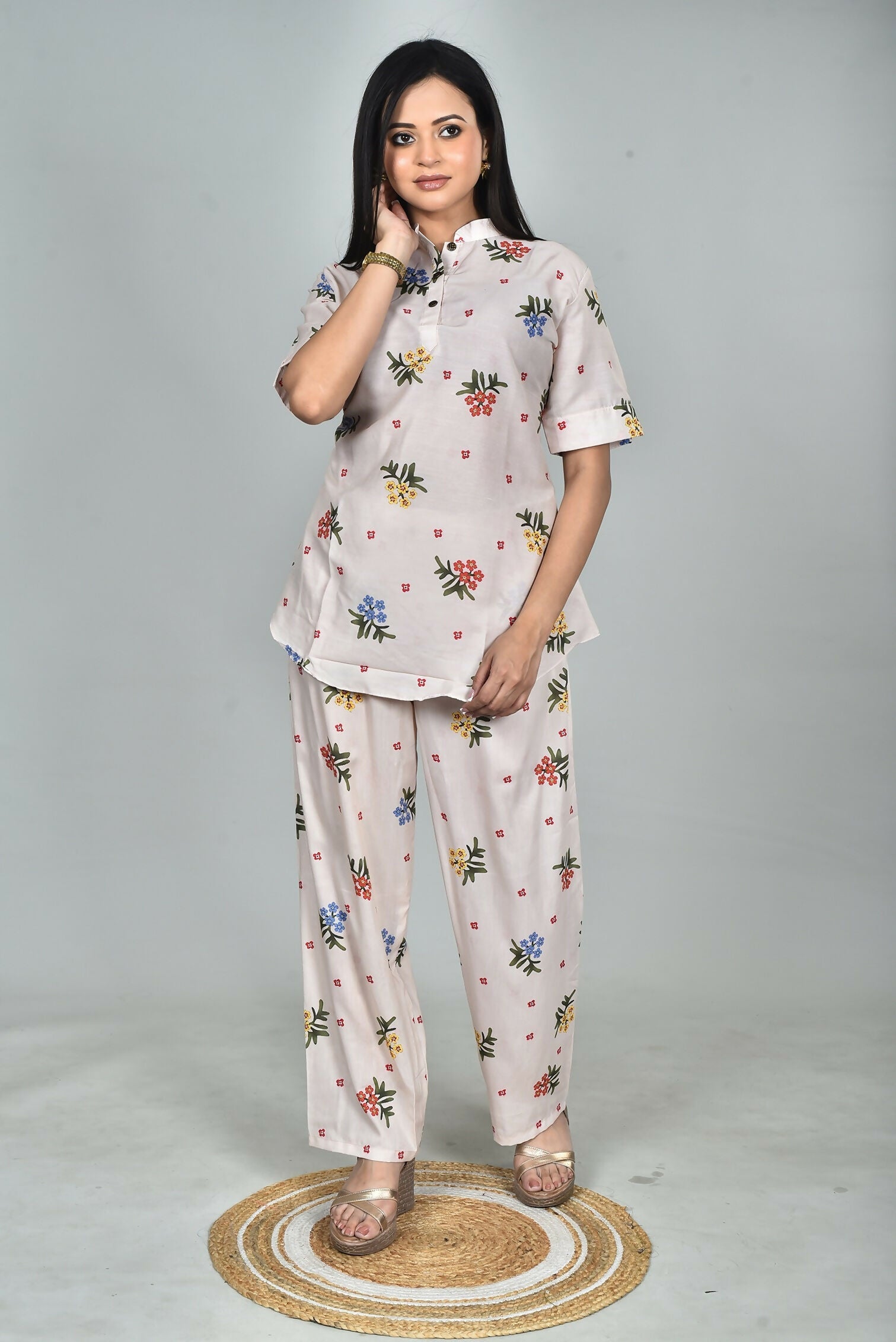 Morchari Digital Print Semi Muslin Co-Ord Set Top & Trouser-Multicolor