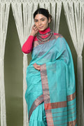 Very Much Indian Handloom Cotton Silk Maheshwari Saree With Sleek Golden Border - Sky Blue