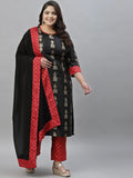 Sztori Plus Size Geometric Printed Straight Kurta With Trousers & Dupatta