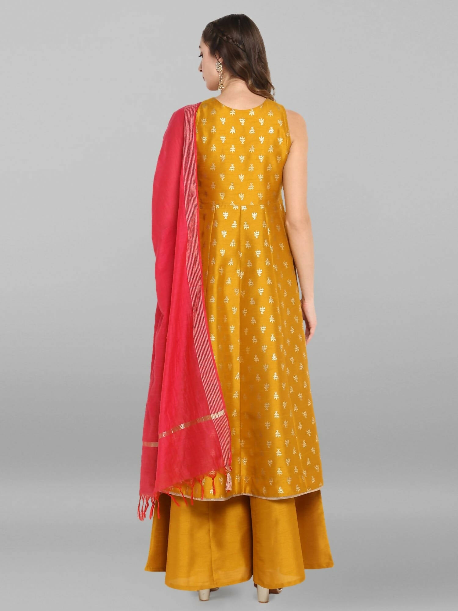 Janasya Women's Mustard Rayon Foil Print Kurti With Palazzo
