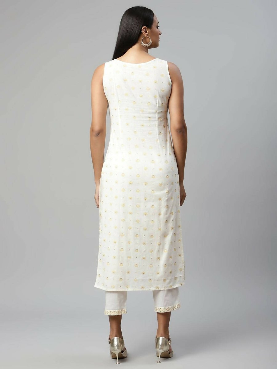 Ahalyaa Womens Off White Pure Cotton Printed Kurta Pant Set
