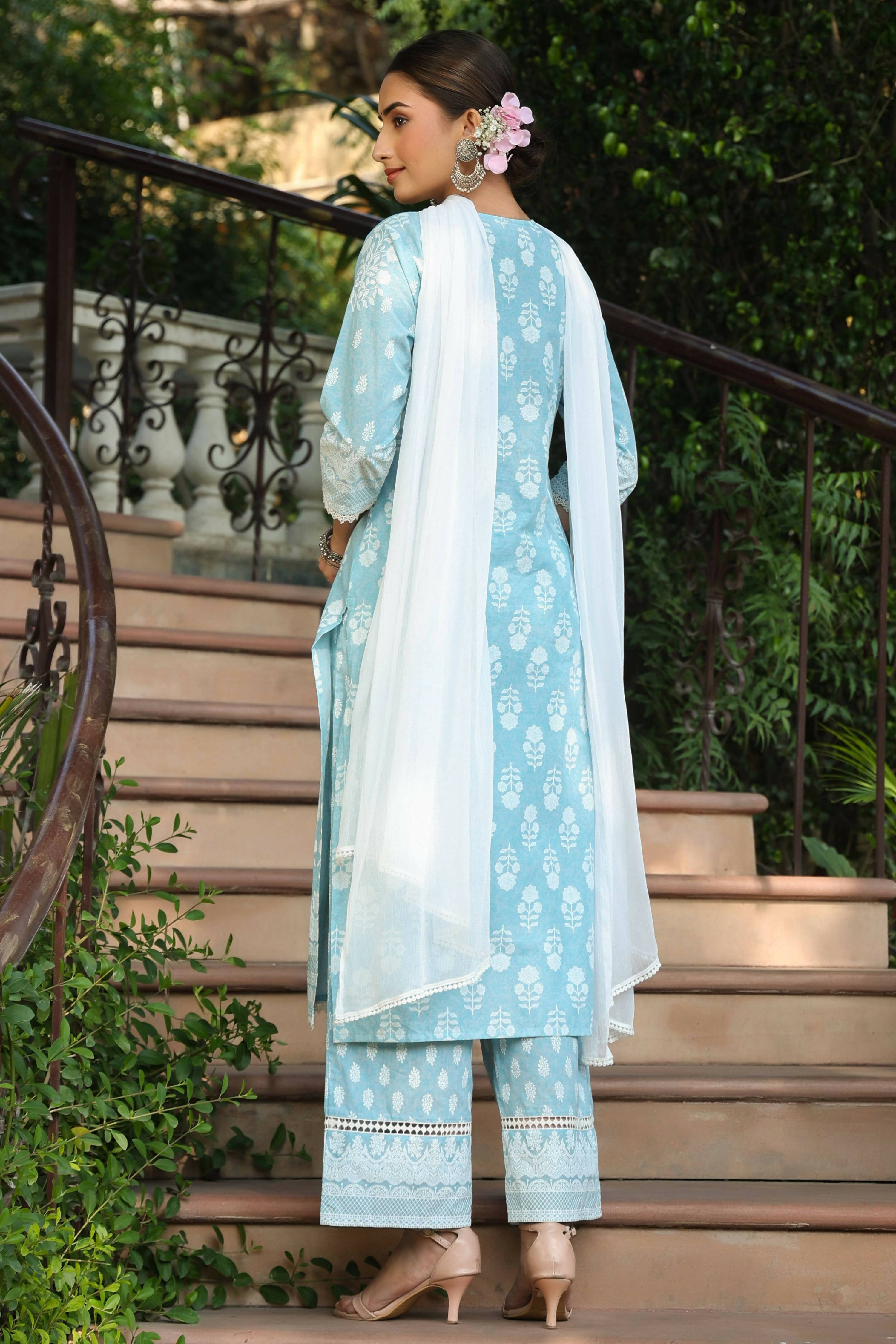 Juniper Women's Skyblue Printed Straight Kurta Sets