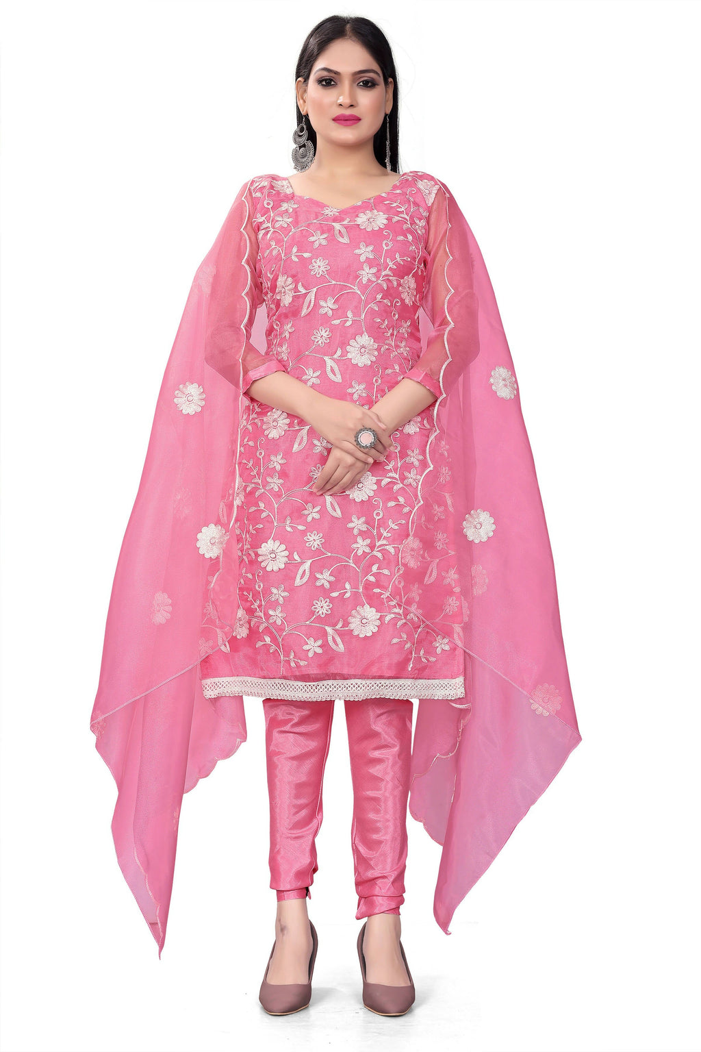 Pink Organza Silk Embroidered Work Unstitched Dress Material - Tanvi