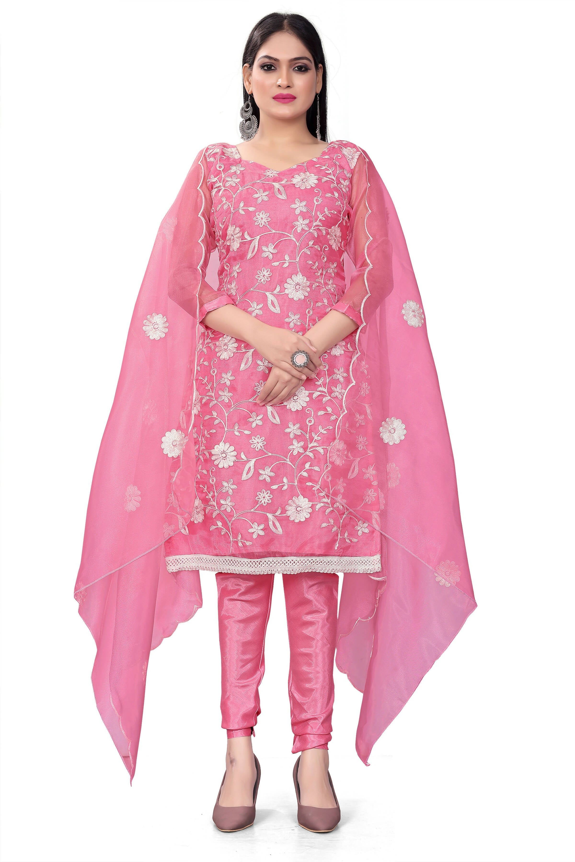 Pink Organza Silk Embroidered Work Unstitched Dress Material - Tanvi