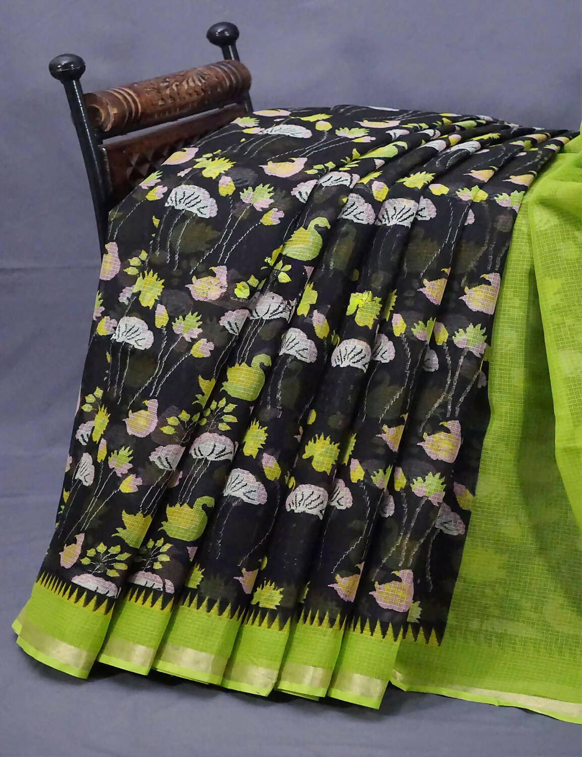 Black and Parrot Green Pichwau Design Pure Kota Cotton Saree By Gayathri Reddy Designer Studio