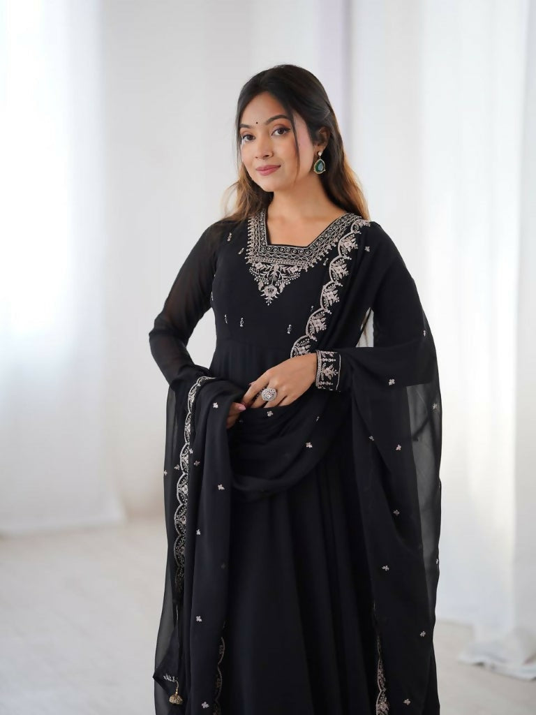 Teeya Creation Black Color Pure Soft Georgette Embroidery Work Gown