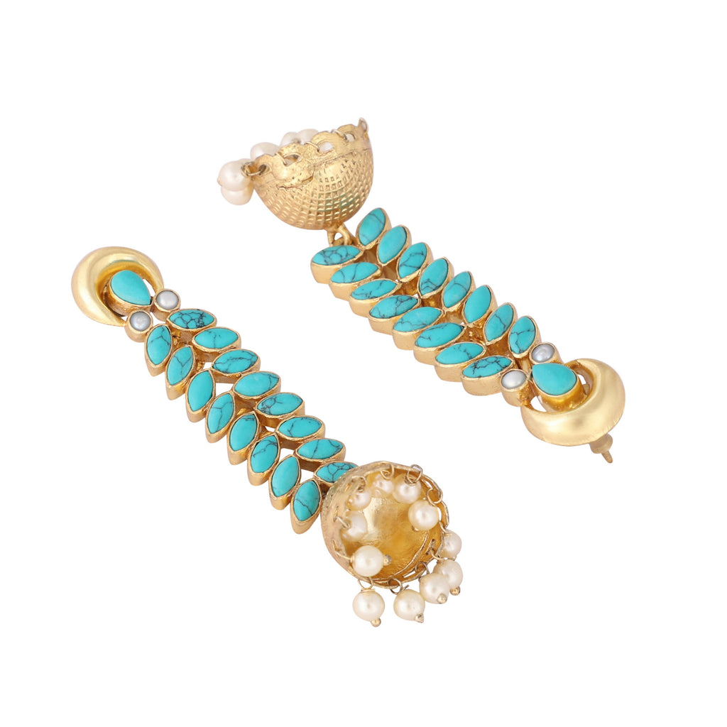 Nuyug 22K Gold Plated Pearl & Turquoise Stone Studded Contemporary Shaped Jhumkas