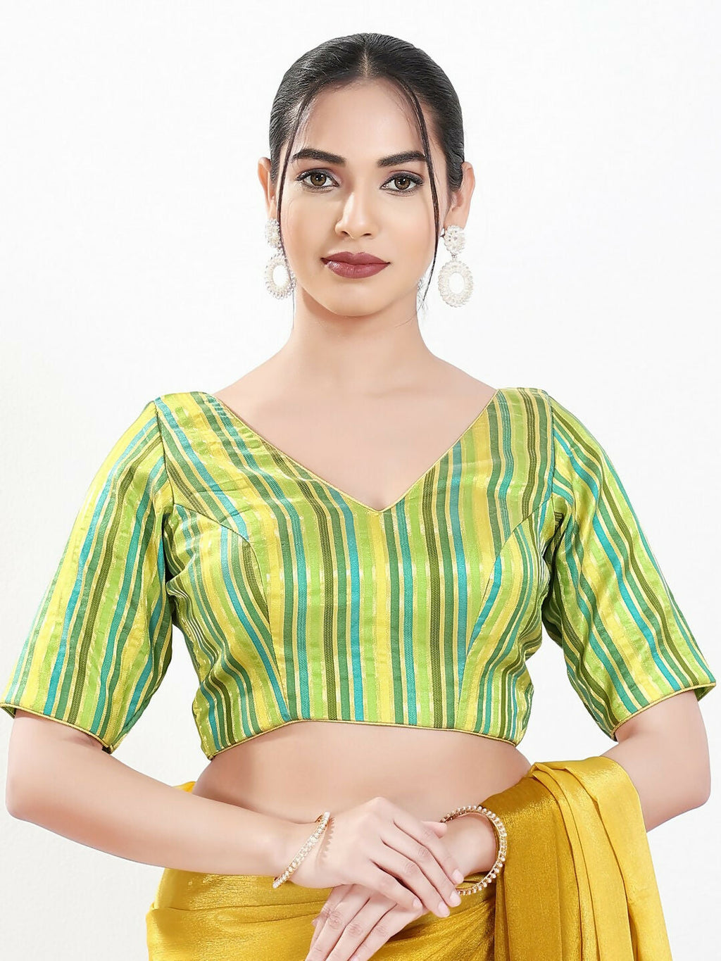 Joban Fashion Green Multi Brocade Padded Blouse With V Neck Elbow Sleeves