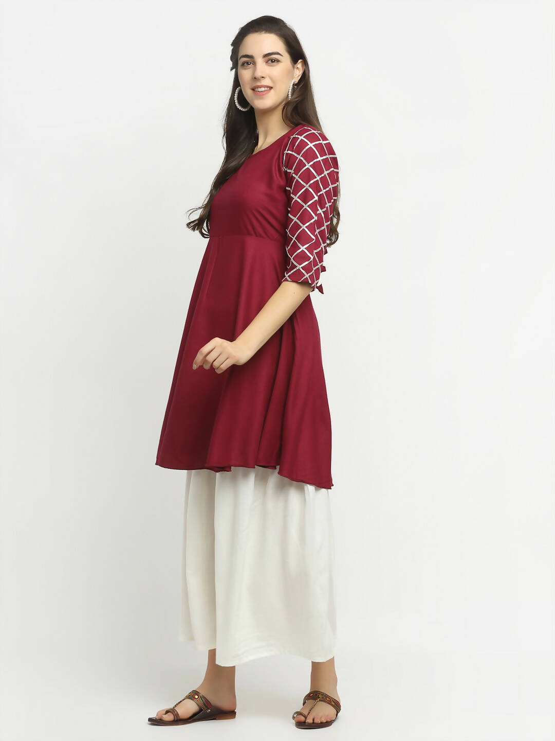 Rudra Bazaar Wine Lace Work Flared Kurti with Sharara