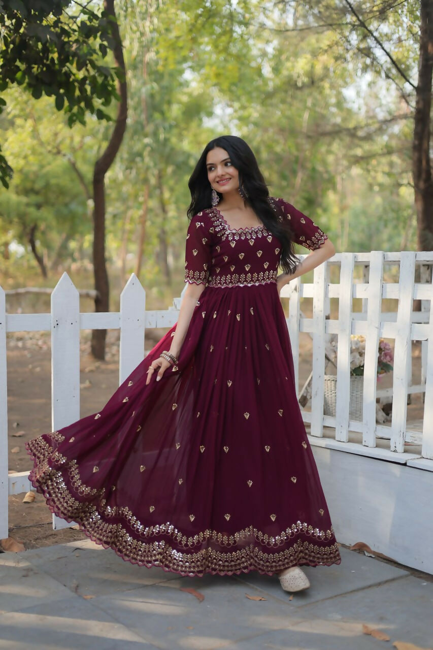 Vastranavya Premium Designer Faux Blooming with Embroidery Zari Sequins work Gown - Maroon