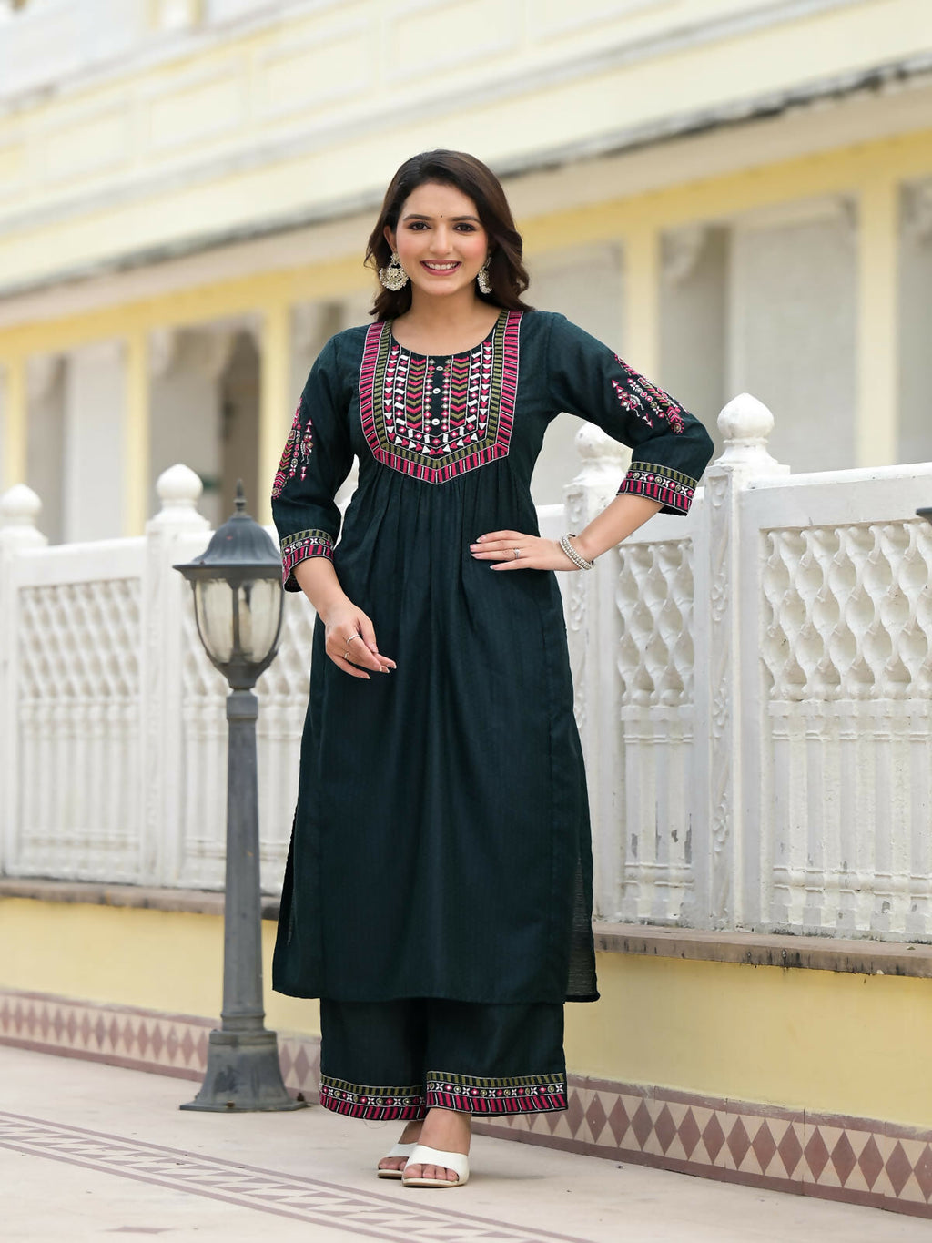 Juniper Women's Green Solid Nylon Kurta Pant With Dupatta Set With Thread & Mirror Work