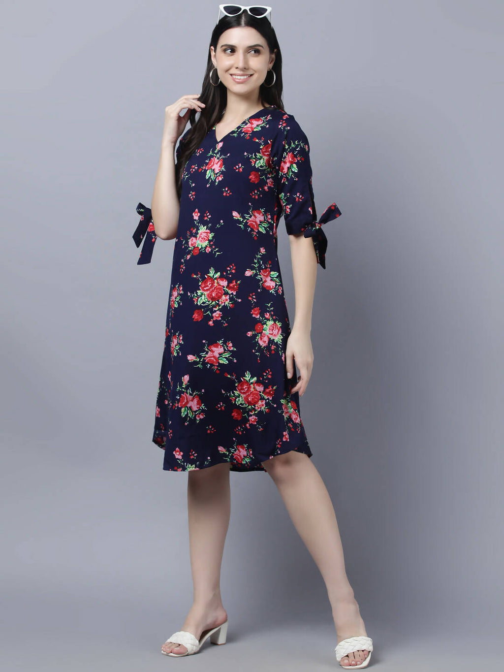 Myshka Women Navy Blue Pink Floral Print A-line Dress