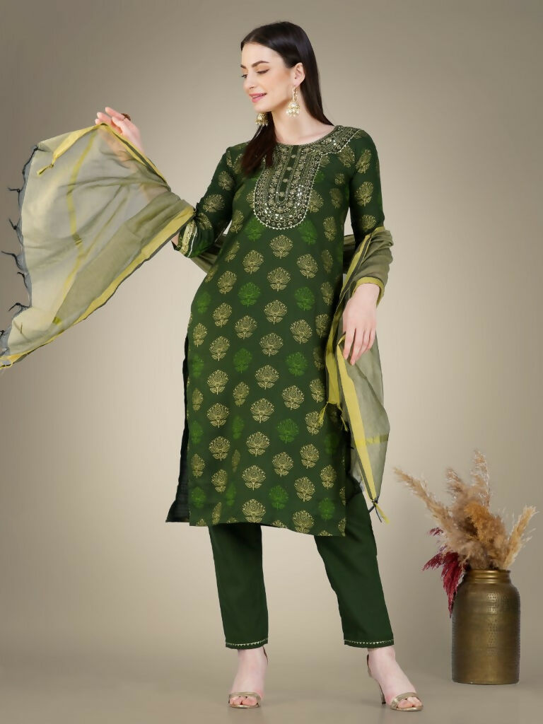 Jyoti Fashion Women's Dark Green Cotton Magic Slub Embroidery & Sequence work Kurta with Trouser & Dupatta