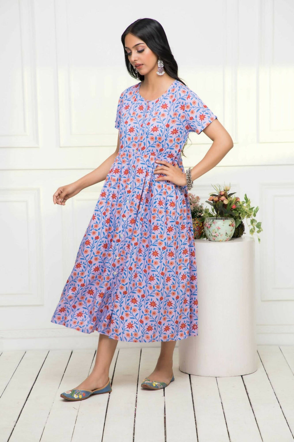 Myshka Women Purple Floral Rayon A-Line Round Neck Dress