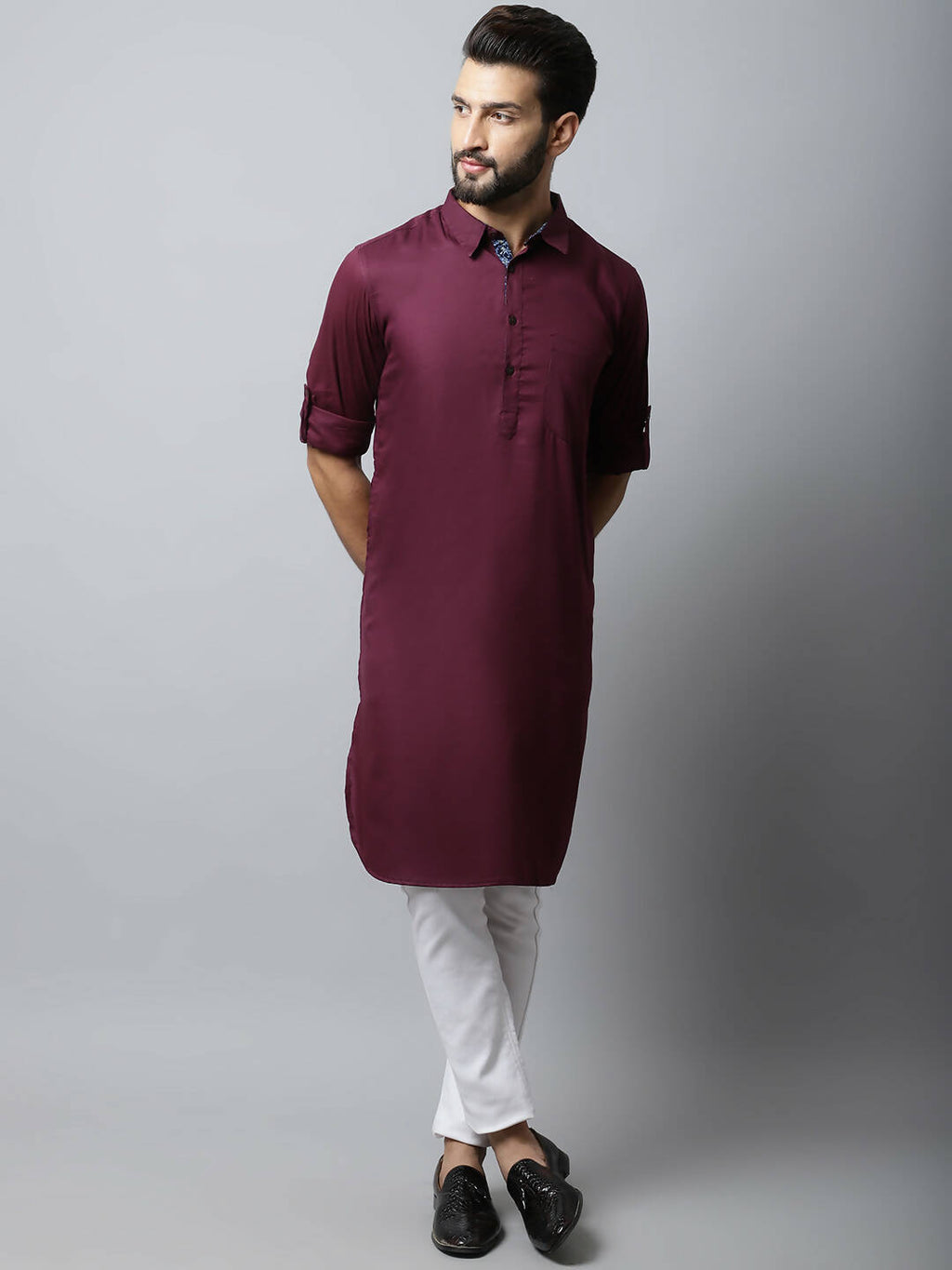 Even Apparels Maroon Color Pure Cotton Solid Men's Kurta With Shirt Collar (MMS755)