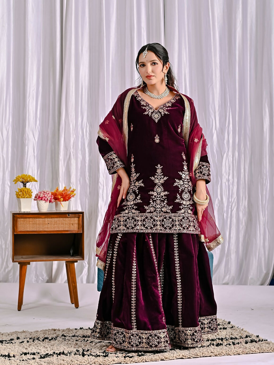 Joban Fashion Wine Velvet Sequence Embroidery Work Kurta Set