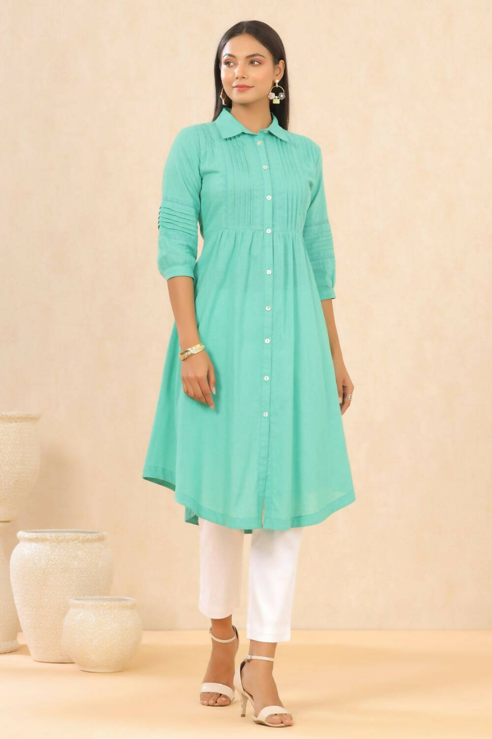 Juniper Womens Blush Turquoise Cotton Slub Solid Mid Length Shirt Dress With Lace Detailing