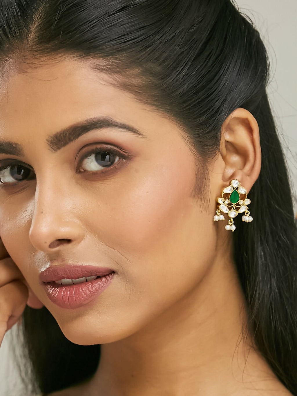 Nuyug 22K Gold-Plated Elegant Kundan & Green Stone Studded Pearl Drops Studs